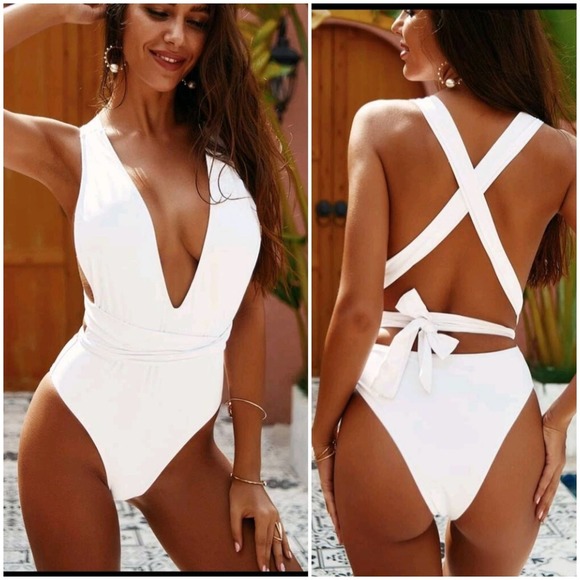 NEW White Criss Cross Plunging One Piece Swimsuit - Picture 1 of 6